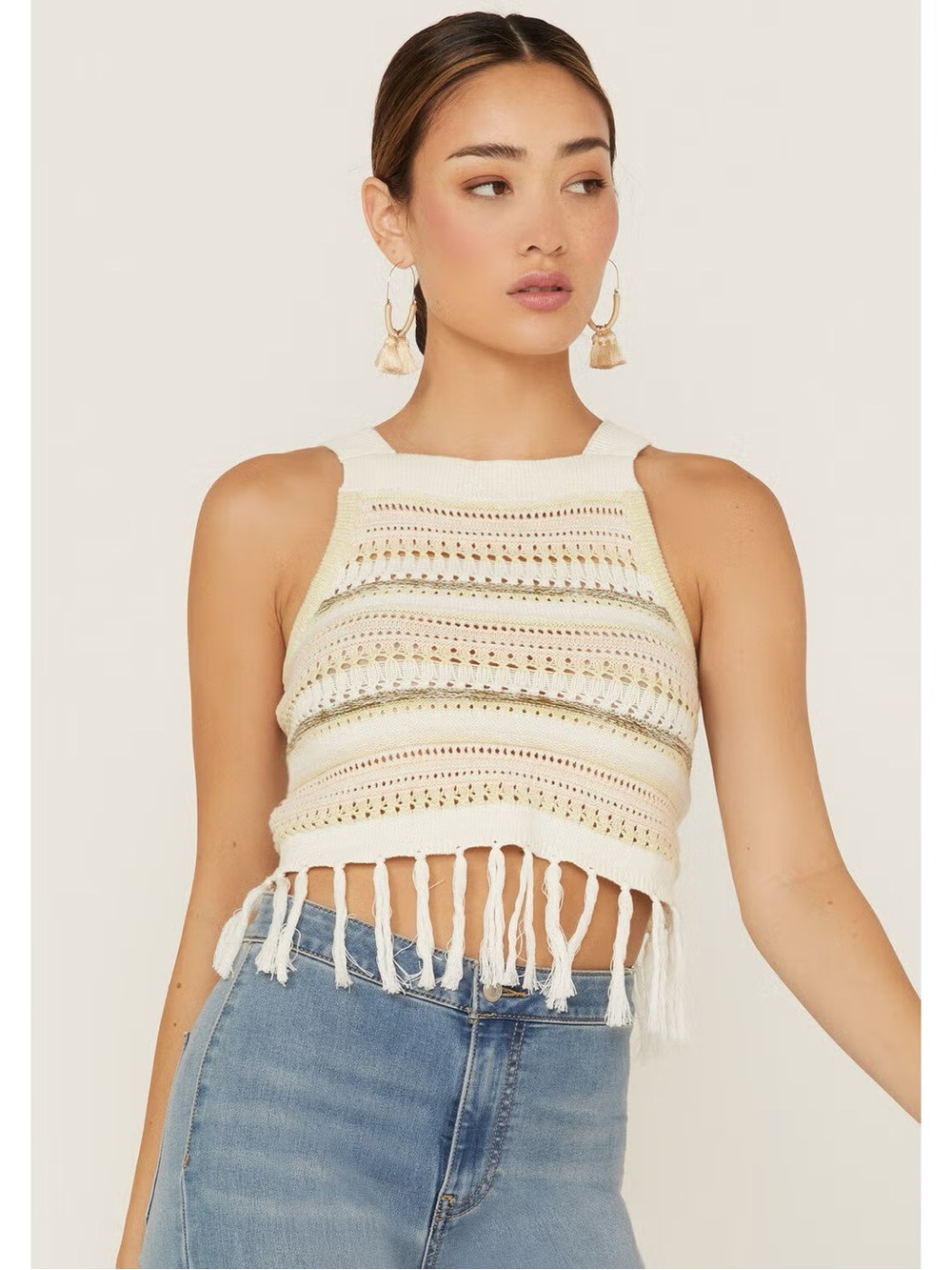 Shyanne Cream Striped Boho Crochet Fringe Halter Crop Top Size XS